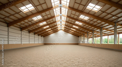 Indoor Riding Arena Structure with Wooden Beams and Sand Floor