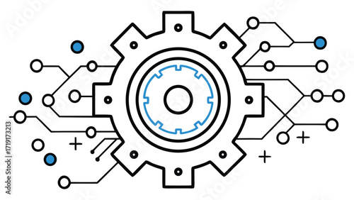 Intricate mechanical gear fused with digital circuitry representing futuristic technology and innovation