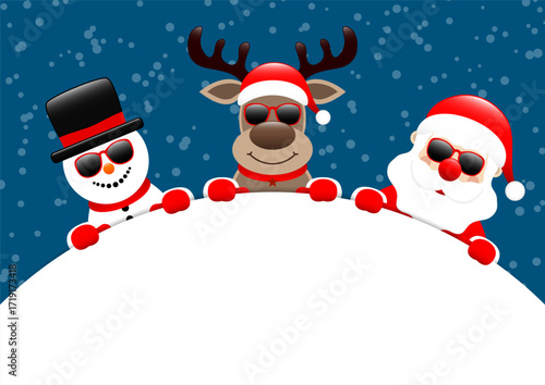 Schneemann Rentier Und Weihnachtsmann Sonnenbrille Rundes Banner Schnee Dunkelblau