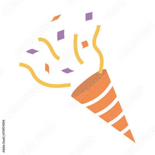 Halloween Party Popper with Colorful Confetti Explosion in Orange, Purple, and Yellow Flat Illustration
