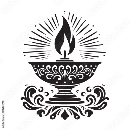 Black Diya lamp Silhouette Vector, High Quality Illustration on White Background