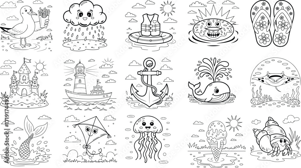 Obraz premium Nautical and summer themed coloring pages for children featuring adorable sea creatures boats and beach items isolated on white background