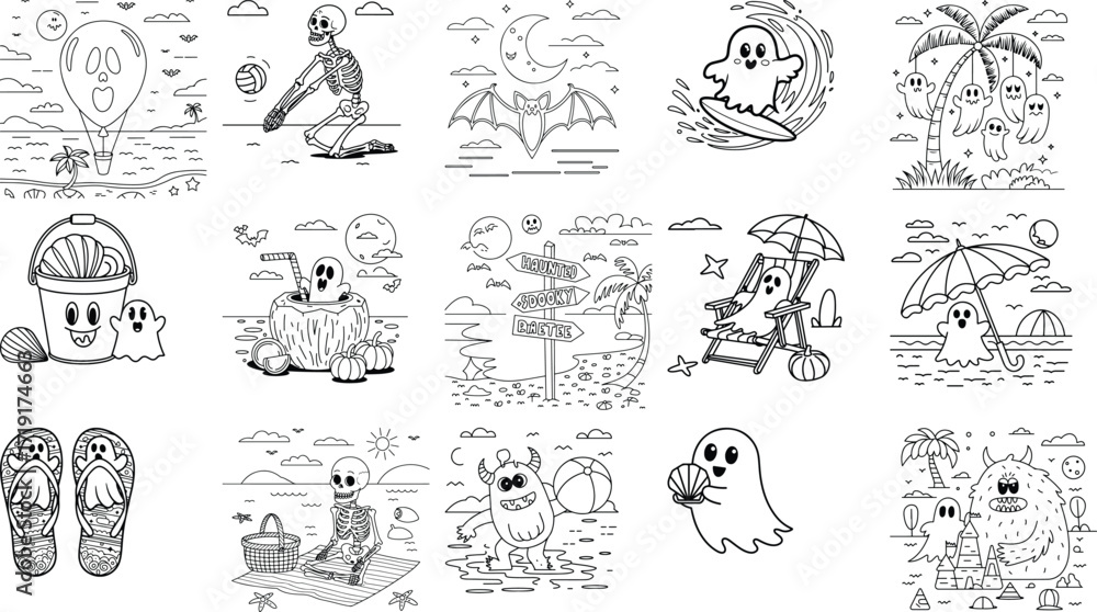 Obraz premium Whimsical line art illustrations featuring halloween and beach themes for coloring isolated on white background