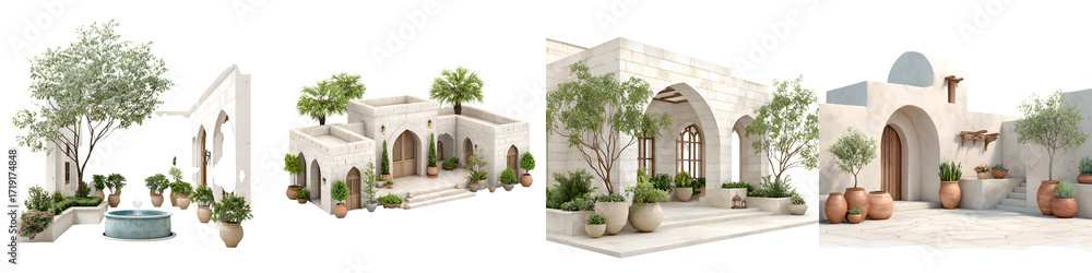 Fototapeta premium Mediterranean Style Architecture with Olive Trees on White