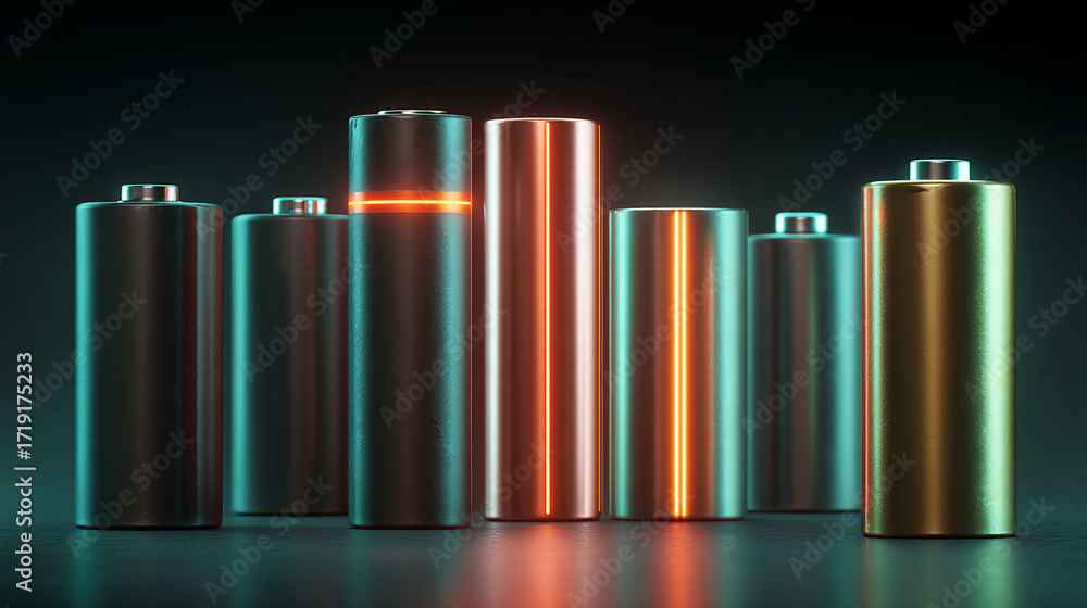 Obraz premium A group of cylindrical batteries standing upright on a dark surface with soft lighting