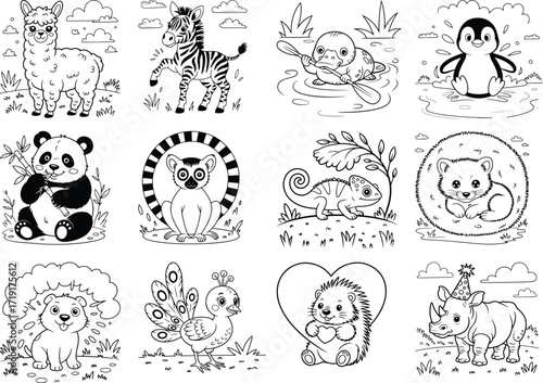 Charming collection of adorable animals for kids coloring pages featuring llamas zebras seals penguins pandas lemurs and chameleons isolated on white background