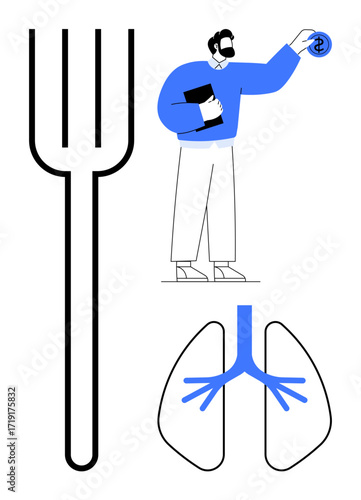 Fork symbolizing food, man holding dollar coin with document, abstract lungs. Ideal for health, nutrition, wellness, finance, self-care balance and medical advice. Simple flat metaphor