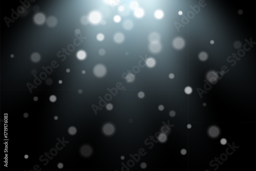 Glowing white bokeh lights on dark background with soft spotlight effect. Floating blur particles backdrop with dreamy, festive, magical ambiance. Abstract vector illustration.