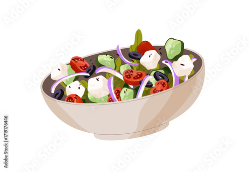 Ceramic bowl of Greek salad. Delicious meal with fresh vegetables, onion, olive slices, pieces of cheese. Healthy food, served eating for lunch. Flat isolated vector illustration on white background