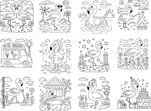 Charming flamingo summer activities coloring pages collection featuring playful birds engaged in various outdoor fun isolated on white background