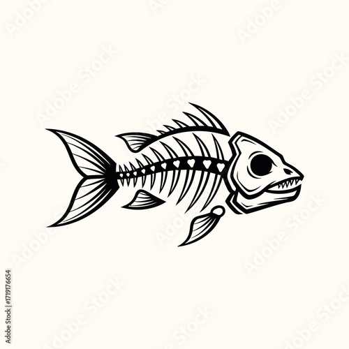 A stylized black and white illustration of a fish skeleton, showcasing its intricate bone structure.