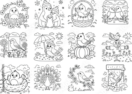 Adorable baby chick illustration with a friendly penguin set against a clean white background perfect for children s coloring pages and nature themed designs isolated on white background