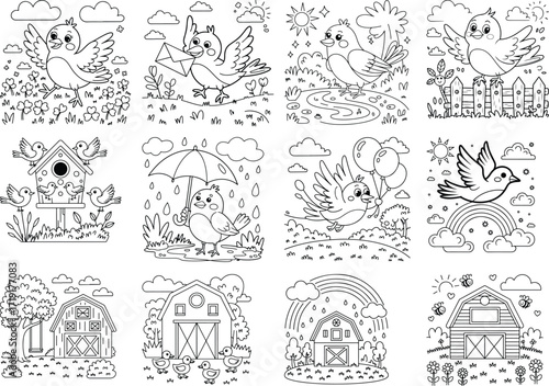 Charming whimsical bird and barn coloring pages featuring farm life weather elements and celebratory themes isolated on white background