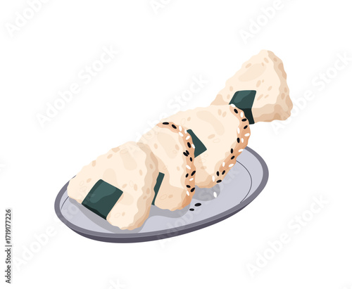 Plate of tasty onigiri. Dish with rice balls with nori. Meal of Japanese cuisine. Fast food from Japan or China. Asian snack, delicious eating. Flat isolated vector illustration on white background