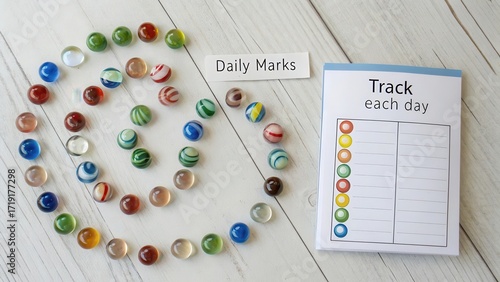 Colorful Marbles and Tracking Chart on Wooden Surface
