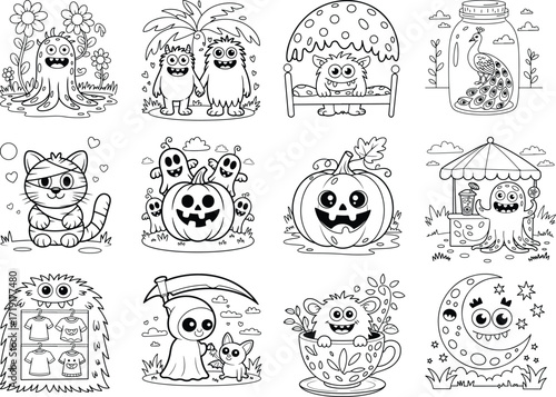Collection of whimsical halloween monsters and spooky characters for coloring pages isolated on white background
