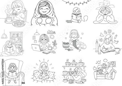 Charming vector illustration of girls enjoying cozy hygge lifestyle hobbies perfect for coloring pages isolated on white background