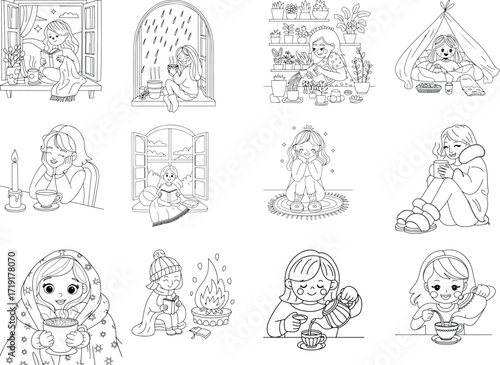 Charming girls enjoying warm drinks and cozy winter activities perfect for coloring pages isolated on white background