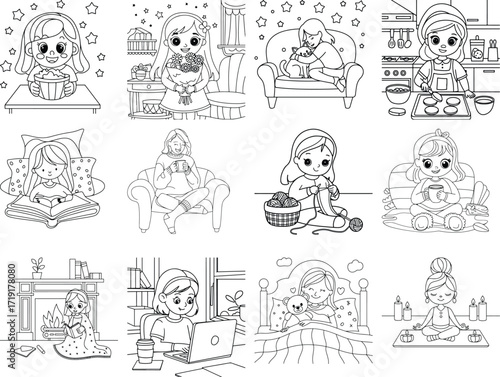 Charming collection of cute coloring pages featuring girls engaged in cozy activities perfect for creative fun isolated on white background
