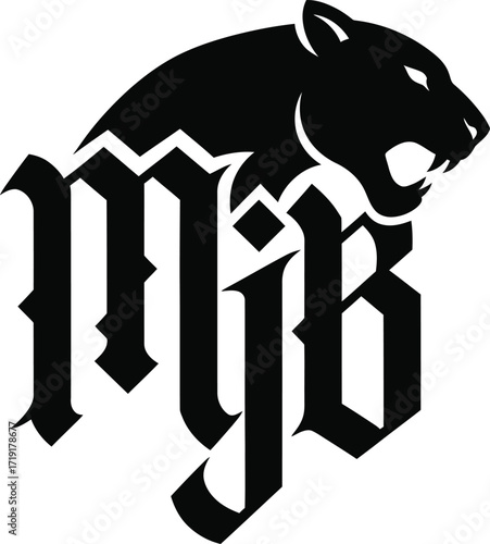 Black panther mascot with gothic initials logo design