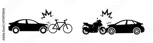 Car accidents with bicycle and motorcycle, traffic collision icons
