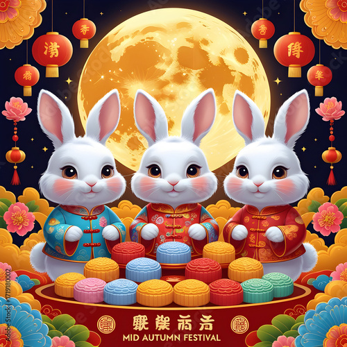 Mid autumn festival poster with rabbits and mooncakes vector illustration