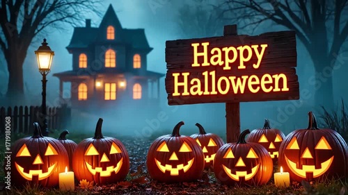 Glowing Jack-O’-Lanterns and Haunted House with Happy Halloween Sign