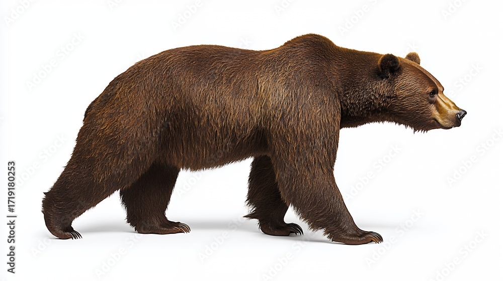 Fototapeta premium Brown Bear Walking on White Background Profile View