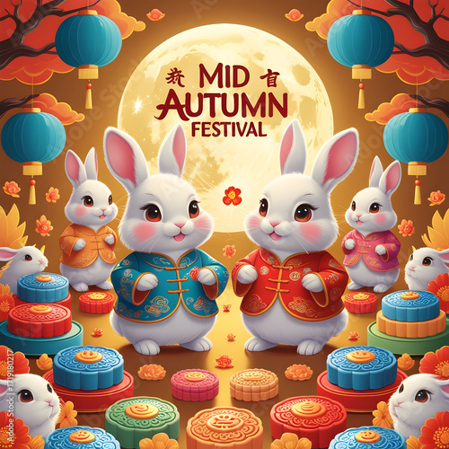 Mid autumn festival poster with rabbits and mooncakes vector illustration