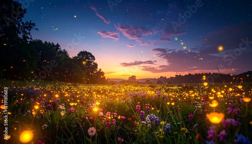 Magical sunset over a field of glowing flowers