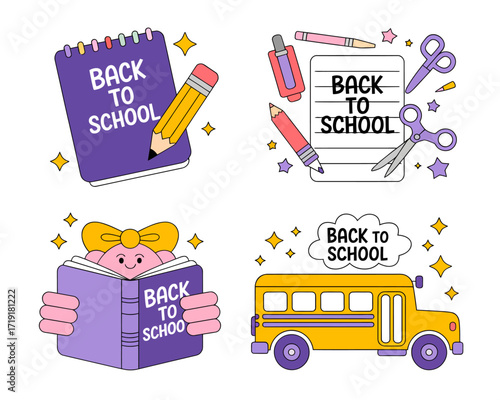 Back to school themed graphic design elements, including a spiral notebook, pencils, scissors, a book, and a school bus.