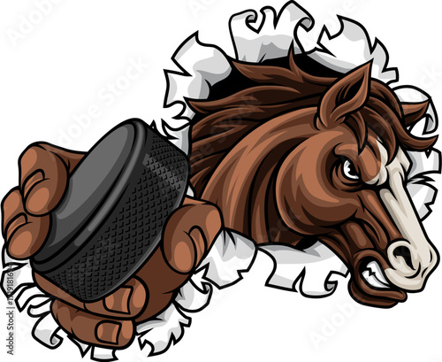 Horse mustang bronco stallion ice hockey angry sports team mascot holding a puck.