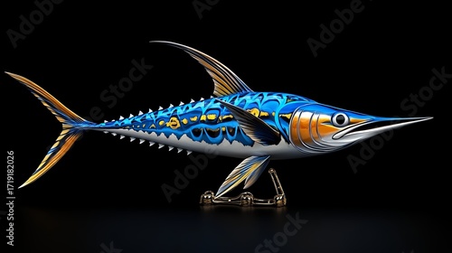 Metallic Blue Fish Sculpture on Black Background