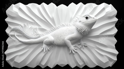 Monochromatic Lizard Paper Sculpture Pleated White Background