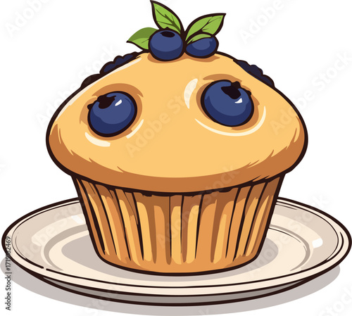 Blueberry Muffin with Fresh Berries and Leaves on Plate Cartoon Vector Illustration