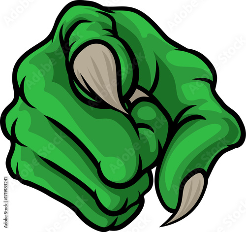 Cartoon Halloween illustration of monster claw hand with sharp nails or talons, pointing directly at viewer.