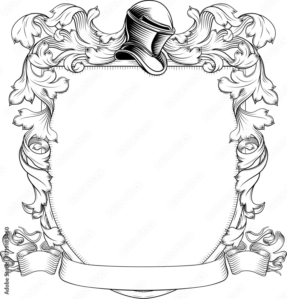Fototapeta premium A coat of arms or crest family heraldry medieval heraldic knight shield with helmet and acanthus filigree scroll ornament in a vintage woodcut style.