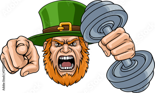 An angry Leprechaun Celtic Irish personal trainer cartoon character holding weight lifting dumbbell and pointing sports team gym mascot illustration.