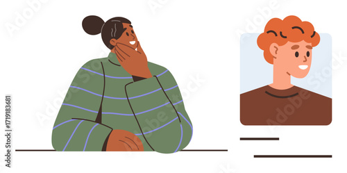 Thoughtful woman in striped sweater resting chin on hand while viewing a portrait-style image of a person. Ideal for online connections, user profiles, decision-making, remote interaction