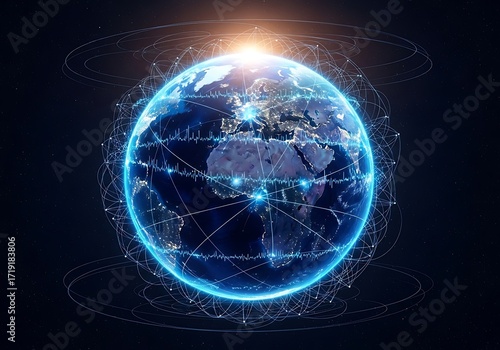 Global network connection and digital data transfer represented by Earth model with interconnected lines creating