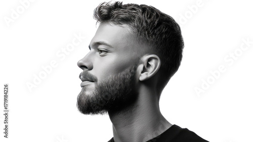 Profile of a Contemplative: A handsome man in profile exudes thoughtful contemplation against a monochromatic backdrop, the crisp detail highlighting his features and fostering a sense of intrigue.