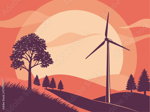 Wind turbine silhouette at sunrise, wind energy and nature concept.

