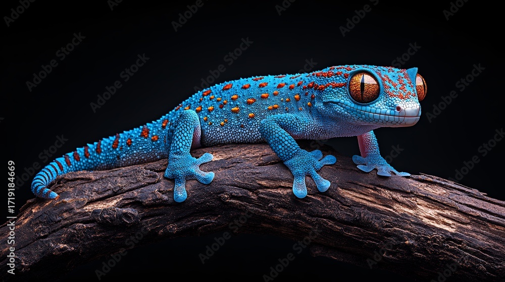 Fototapeta premium Vibrant Blue Gecko on Dark Branch