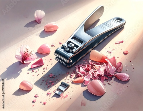 Nail clippers with broken cherry blossoms