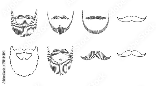 Collection of Stylized Beards and Mustaches in Black and White Line Art