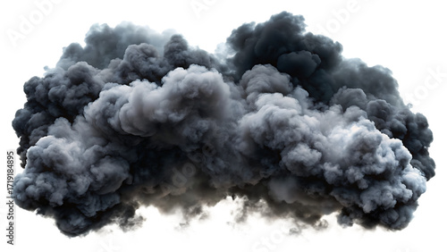 Dense, dark grey smoke cloud explosion with bright white highlights graphic design isolated on a transparent background