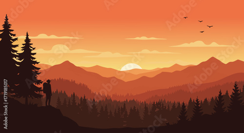 Vibrant sunset paints a majestic mountain range and forest silhouette, a lone hiker gazes at the horizon
