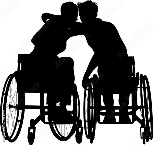 Silhouette of a couple, woman and man both seated in wheelchairs.