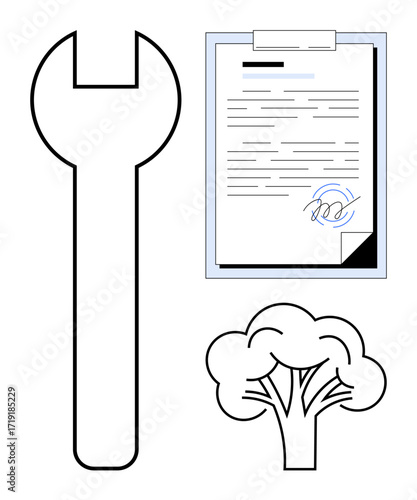 Wrench for utility, signed document for agreement, and tree for environmental care. Ideal for sustainability, engineering, legal agreements, eco-friendly solutions, maintenance, compliance green