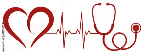 Red Heartbeat and Stethoscope Icon - Symbol of Health and Care